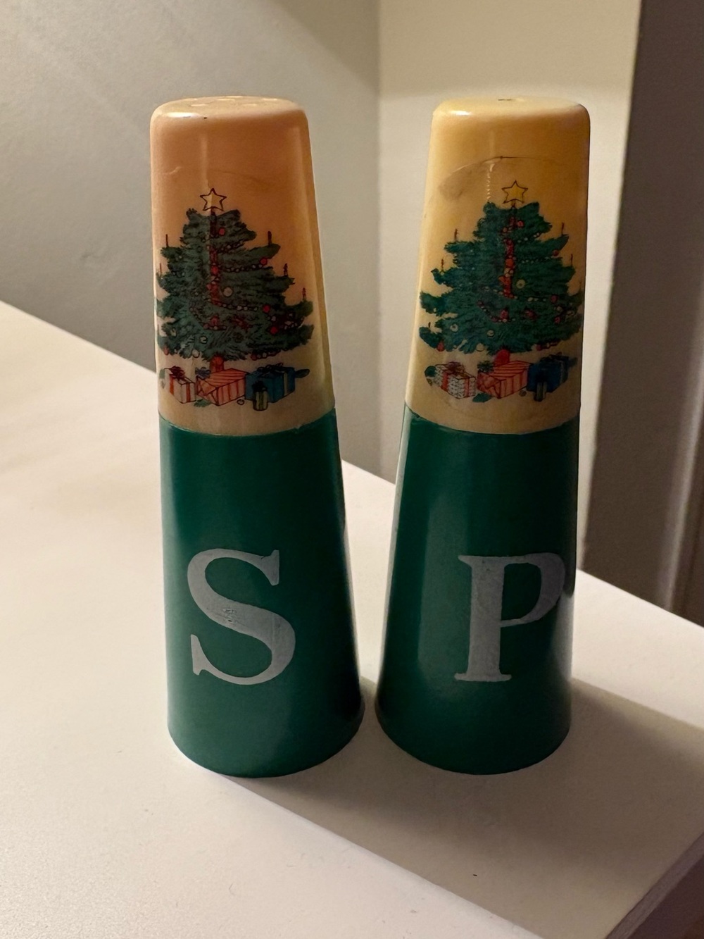 Vintage Christmas Tree Salt & Pepper Shakers - Green and Cream